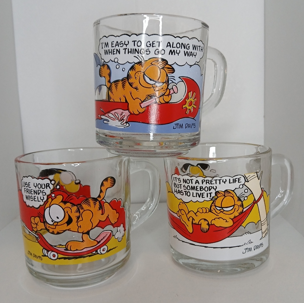 3 VINTAGE 1978 McDONALD'S‎ GARFIELD CAT GLASS DRINKING MUGS GLASSES Jim Davis